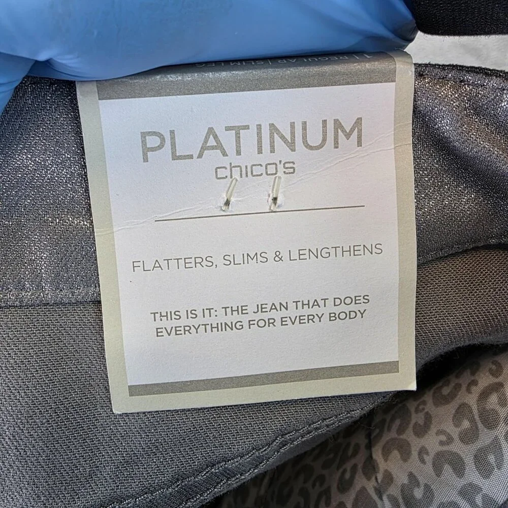 Chicos Platinum Jeans Womens 8 Regular Silver Metallic Slim Leg Denim Pants - Picture 12 of 14